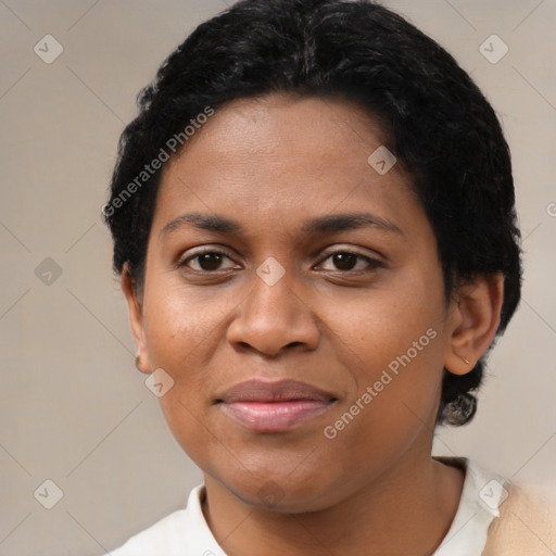 Joyful latino young-adult female with short  black hair and brown eyes