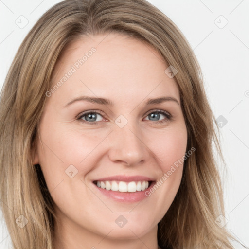 Joyful white young-adult female with long  brown hair and green eyes