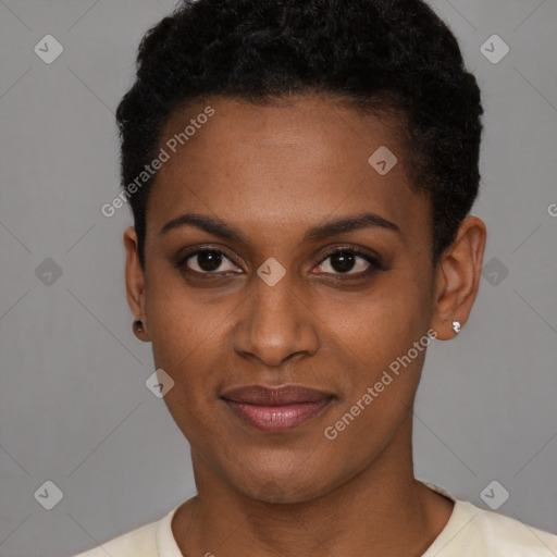 Joyful black young-adult female with short  black hair and brown eyes