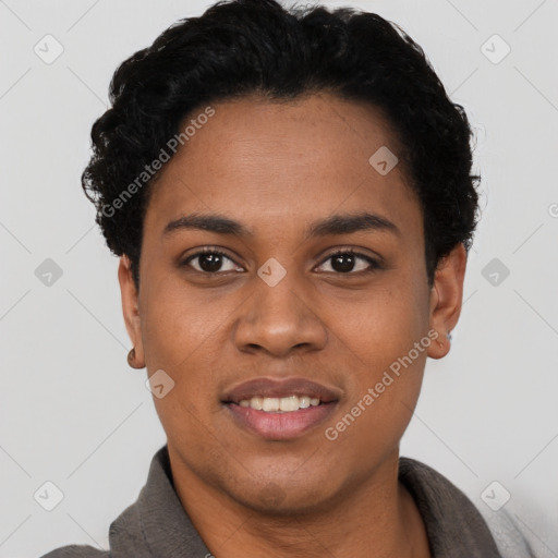 Joyful black young-adult female with short  black hair and brown eyes