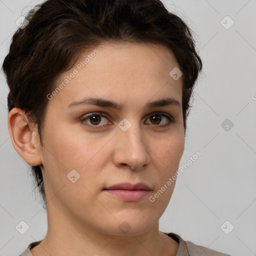 Neutral white young-adult female with short  brown hair and brown eyes