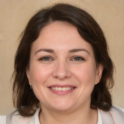 Joyful white adult female with medium  brown hair and brown eyes