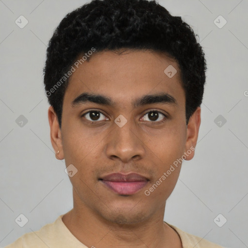 Neutral latino young-adult male with short  black hair and brown eyes