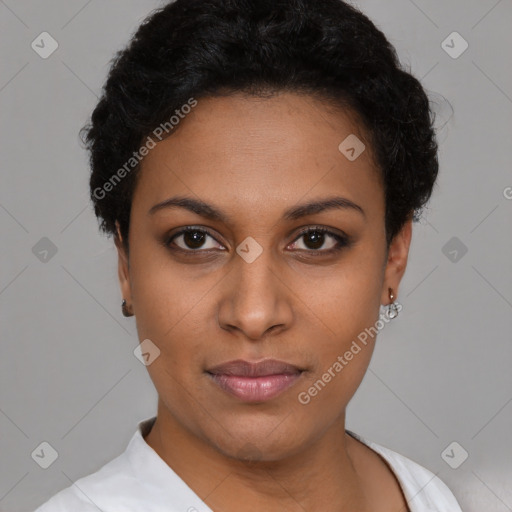 Neutral black young-adult female with short  black hair and brown eyes