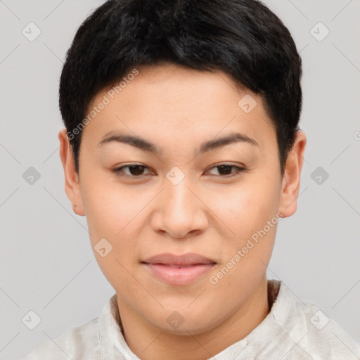 Joyful asian young-adult female with short  brown hair and brown eyes