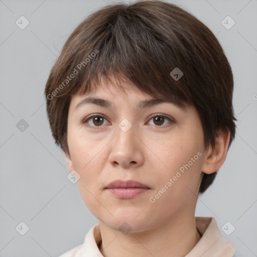 Neutral white young-adult female with short  brown hair and brown eyes