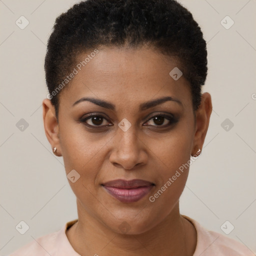 Joyful black young-adult female with short  brown hair and brown eyes