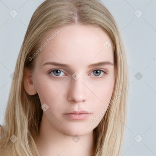 Neutral white young-adult female with long  brown hair and grey eyes