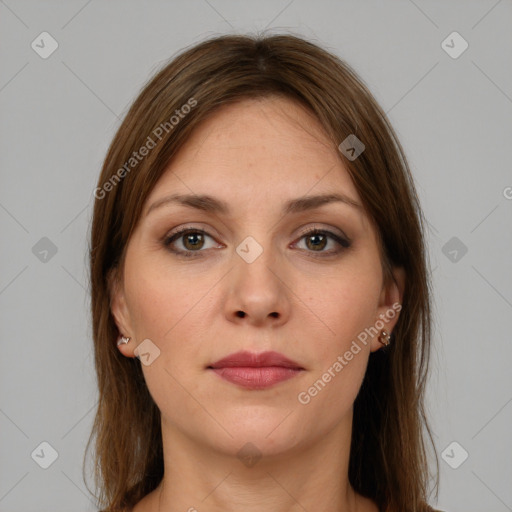 Neutral white young-adult female with medium  brown hair and grey eyes