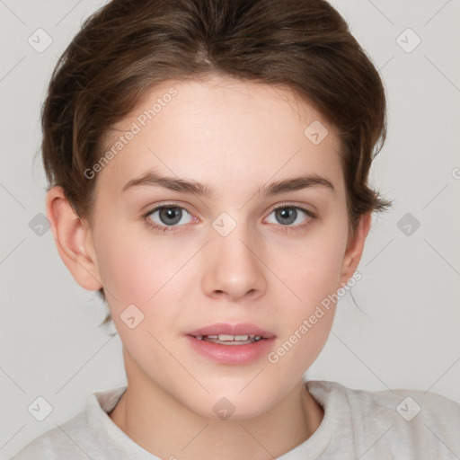 Neutral white young-adult female with short  brown hair and brown eyes