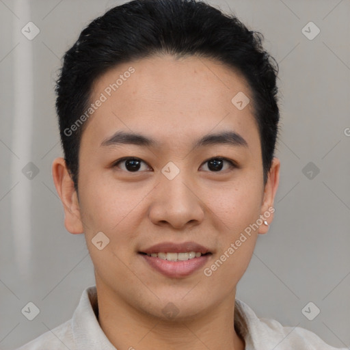 Joyful latino young-adult male with short  brown hair and brown eyes