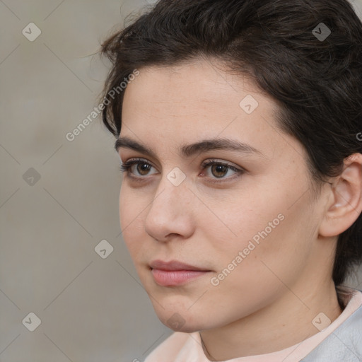 Neutral white young-adult female with medium  brown hair and brown eyes