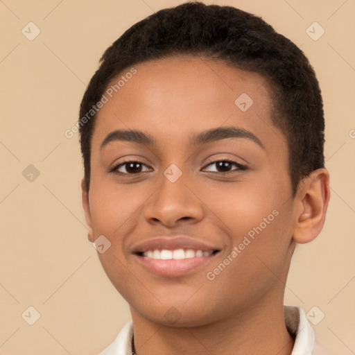 Joyful latino young-adult female with short  brown hair and brown eyes