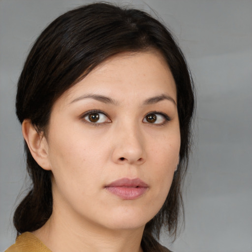 Neutral white young-adult female with medium  brown hair and brown eyes