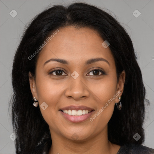 Joyful latino young-adult female with long  brown hair and brown eyes