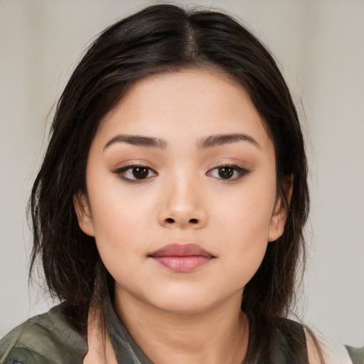 Neutral asian young-adult female with long  brown hair and brown eyes