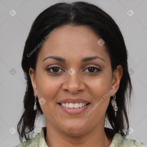 Joyful latino young-adult female with medium  brown hair and brown eyes