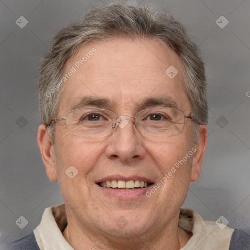 Joyful white middle-aged male with short  brown hair and brown eyes