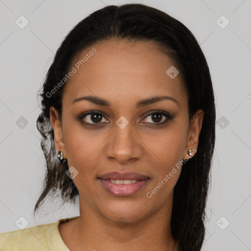 Joyful black young-adult female with medium  brown hair and brown eyes