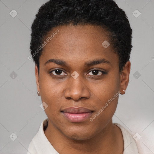 Joyful latino young-adult female with short  black hair and brown eyes