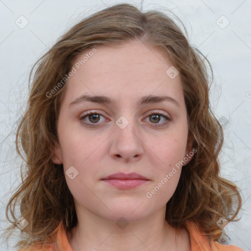 Neutral white young-adult female with medium  brown hair and grey eyes