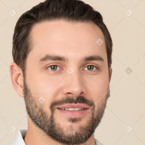 Joyful white young-adult male with short  brown hair and brown eyes