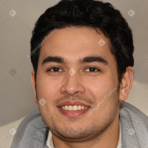 Joyful white young-adult male with short  black hair and brown eyes