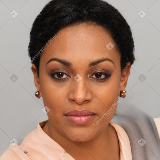 Joyful latino young-adult female with short  black hair and brown eyes