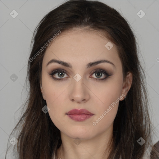 Neutral white young-adult female with long  brown hair and brown eyes