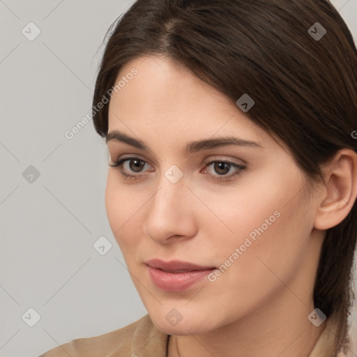 Neutral white young-adult female with medium  brown hair and brown eyes