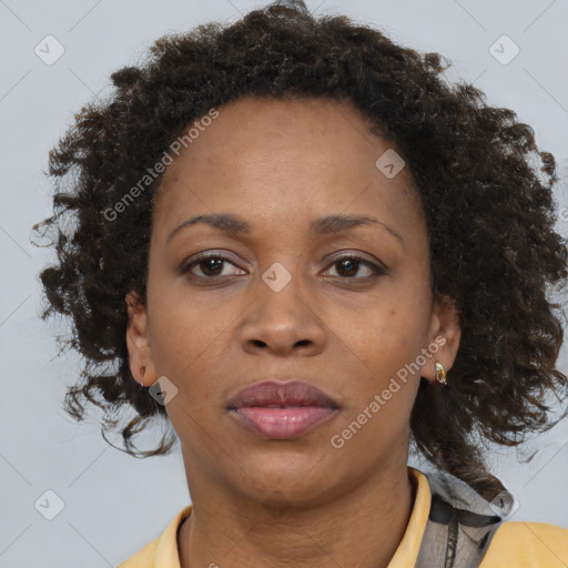 Joyful black adult female with medium  brown hair and brown eyes