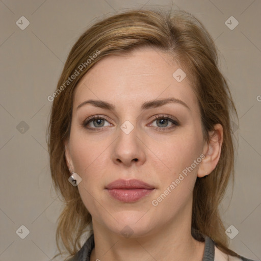 Neutral white young-adult female with medium  brown hair and grey eyes