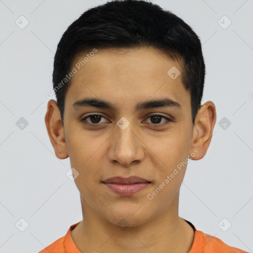 Joyful latino young-adult male with short  black hair and brown eyes