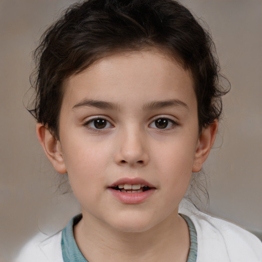 Joyful white child female with medium  brown hair and brown eyes