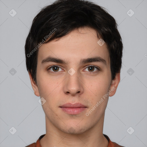 Neutral white young-adult male with short  brown hair and brown eyes