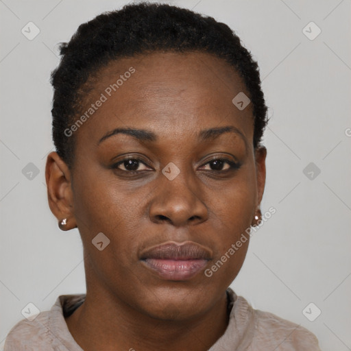 Neutral black young-adult female with short  brown hair and brown eyes