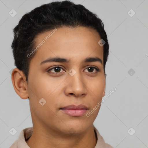 Neutral latino young-adult male with short  black hair and brown eyes