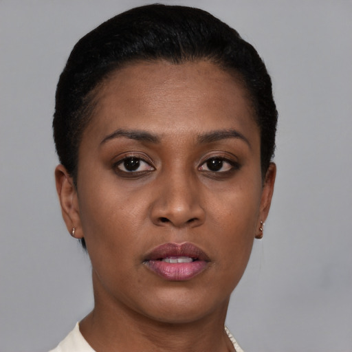 Neutral black young-adult female with short  brown hair and brown eyes