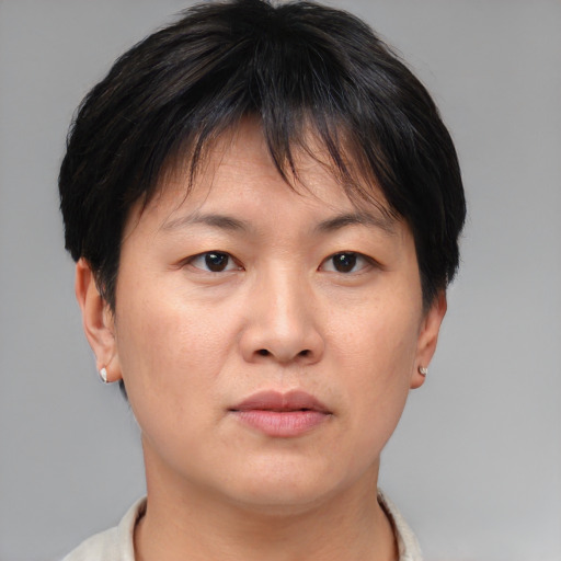 Neutral asian young-adult female with short  brown hair and brown eyes