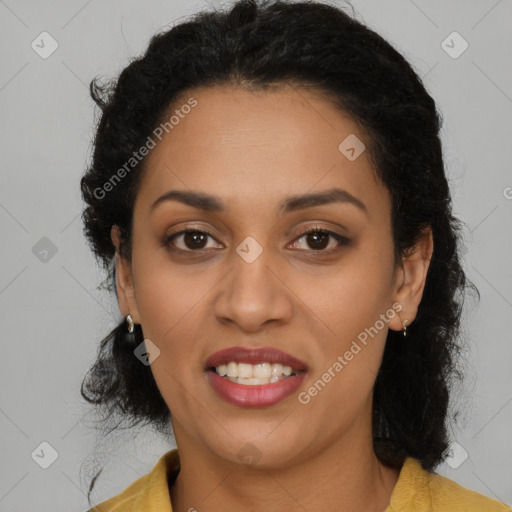 Joyful latino young-adult female with long  black hair and brown eyes