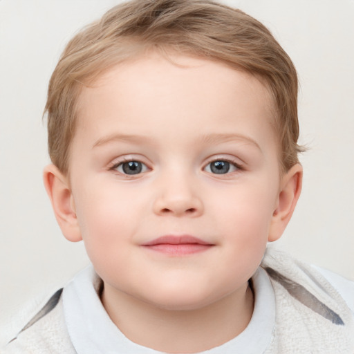 Joyful white child female with medium  brown hair and blue eyes