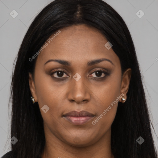 Joyful black young-adult female with long  brown hair and brown eyes