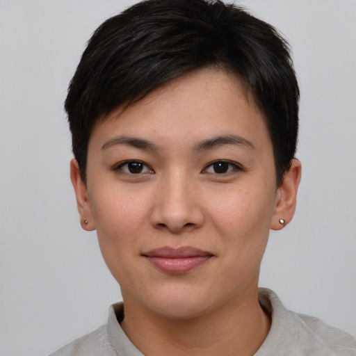 Joyful asian young-adult female with short  brown hair and brown eyes