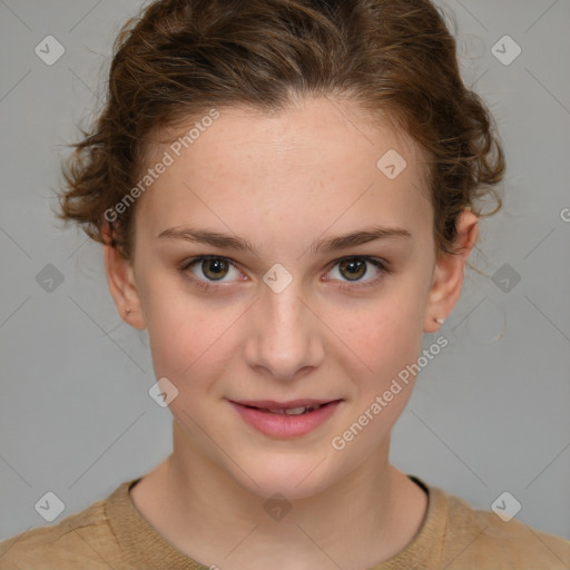 Joyful white child female with medium  brown hair and brown eyes