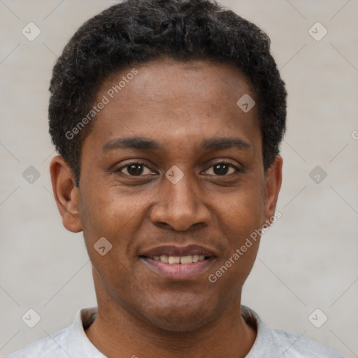 Joyful latino young-adult male with short  brown hair and brown eyes