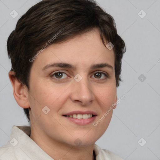 Joyful white young-adult female with short  brown hair and brown eyes