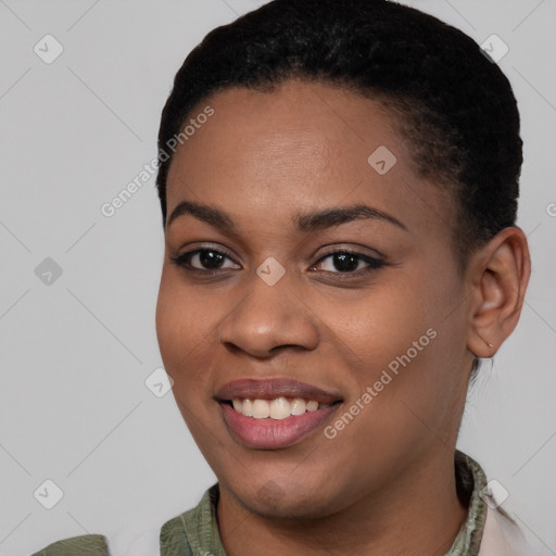 Joyful latino young-adult female with short  brown hair and brown eyes