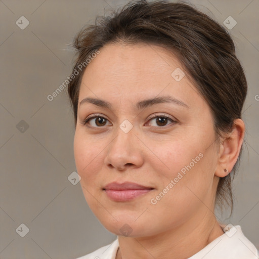 Joyful white adult female with medium  brown hair and brown eyes