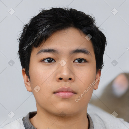 Neutral asian young-adult male with short  black hair and brown eyes