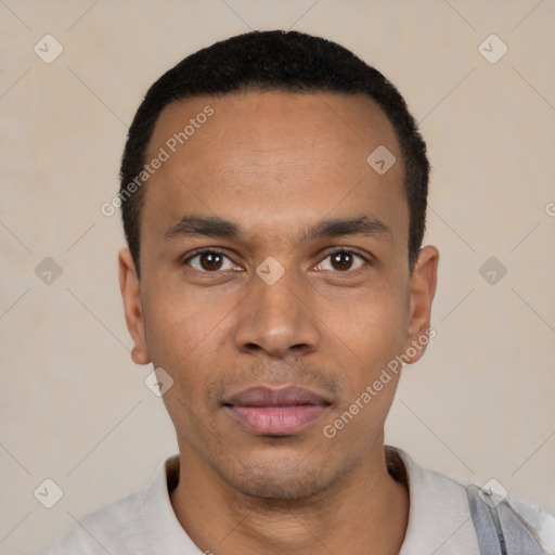 Neutral latino young-adult male with short  black hair and brown eyes